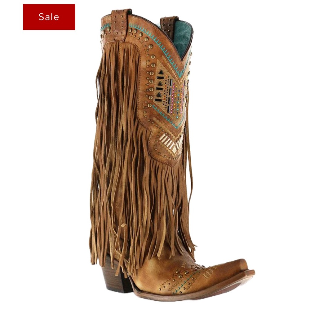 Fringe Embellished Brown Women's Heeled Cowboy Boots